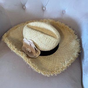 kate spade raffia straw hat black band pink flower nwot
